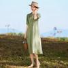 HM-S437春夏新款高端亚麻连衣裙中袖圆领木耳边温柔风琴褶文艺A字裙 商品缩略图1