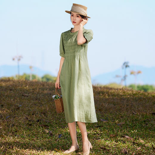 HM-S437春夏新款高端亚麻连衣裙中袖圆领木耳边温柔风琴褶文艺A字裙 商品图1