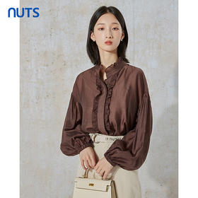 NUTS秋季新款时尚通勤风荷叶领泡泡袖设计感长袖衬衫231013089B