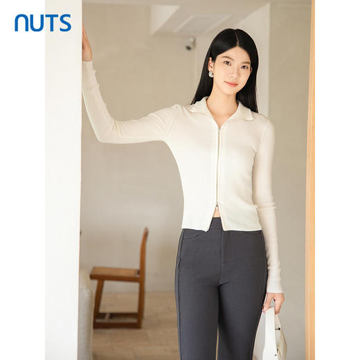 NUTS秋季新款白色简约韩系气质翻领拉链长袖针织开衫女4330509A1 商品图0