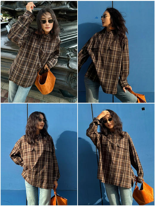 HIDEMI 限定色织格纹极简设计感口袋圆领宽松小男孩衬衫 商品图3