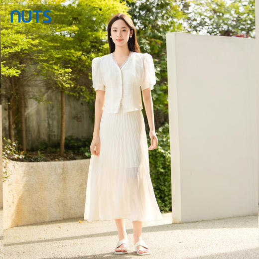 NUTS夏季新款赫本风高腰垂感百褶半身裙显瘦中长裙421061171 商品图3