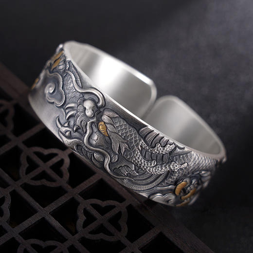 子佩集S999银【神隐龙腾】手镯【YS008】纯银手镯带金色嵌真金仿古2408 商品图4