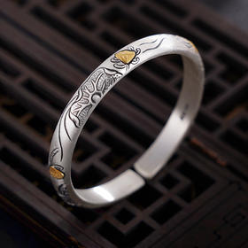 子佩集S999银【晓荷】手镯【YS025】纯银手镯带金色嵌真金仿古2408