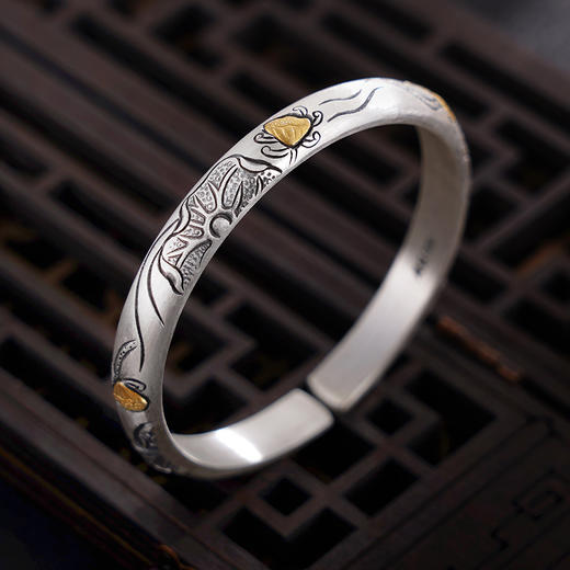 子佩集S999银【晓荷】手镯【YS025】纯银手镯带金色嵌真金仿古2408 商品图1