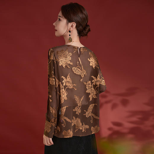 QS-12498178早秋真丝剪花圆领小衫高级感100%桑蚕丝大码长袖T恤打底衫女8178 商品图3