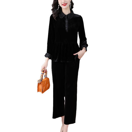 雀说丝绒复古气质上衣女时尚镂空翻领长袖洋气裤子套装AL5569 商品图3
