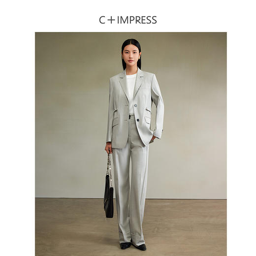 西嘉时髦松弛感JI简单排扣可脱卸腰带女绅士西装/翻边直筒裤套装 商品图2
