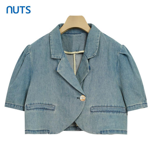 NUTS气质复古水洗领拼接泡泡短袖短款牛仔上衣外套428043420 商品图0