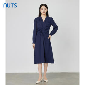 NUTS秋季新款气质通勤风修身显瘦褶皱设计长袖连衣裙女231103150B