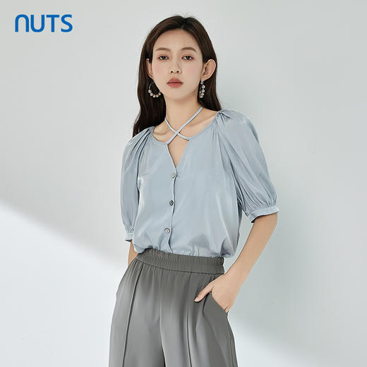 NUTS夏季新款简约气质圆领泡泡袖衬衫女429011367 商品图0