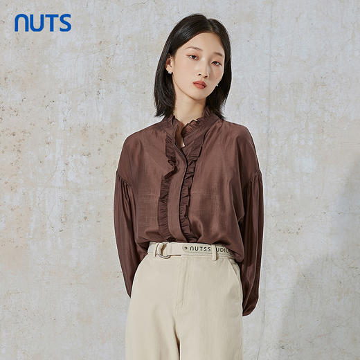 NUTS秋季新款时尚通勤风荷叶领泡泡袖设计感长袖衬衫231013089B 商品图2
