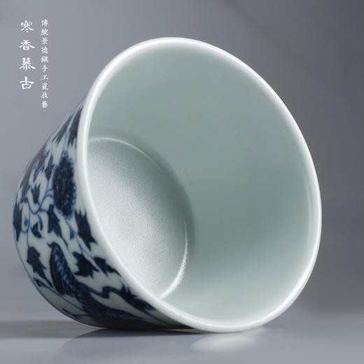 寒香慕古元明青花糯米釉孔雀牡丹纹直筒杯 商品图2