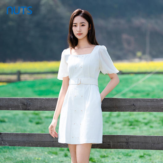 NUTS夏季新款复古方领气质连衣裙小白裙女423101070 商品图0
