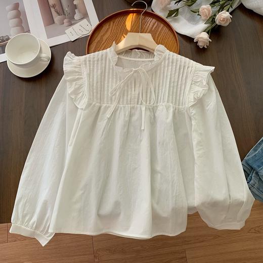 【法式褶皱系带立领长袖衬衫】春秋季 设计感小众宽松荷叶边娃娃衫上衣 商品图7