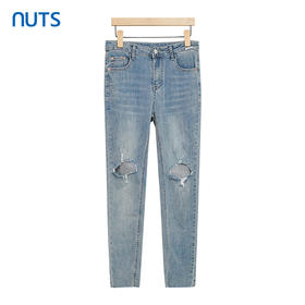 NUTS柔软弹力紧身牛仔裤女小脚裤浅蓝色膝盖大破洞221113304
