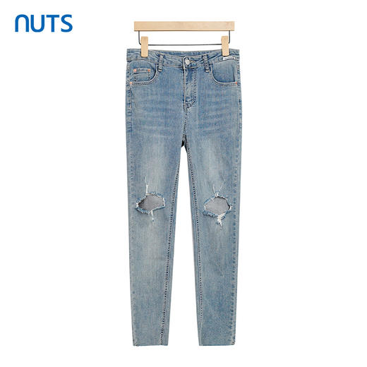 NUTS柔软弹力紧身牛仔裤女小脚裤浅蓝色膝盖大破洞221113304 商品图0