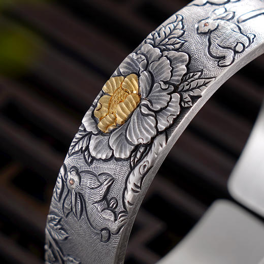 子佩集S999银【兔嗅芳华】手镯【YS011】纯银手镯带金色嵌真金仿古2408 商品图2