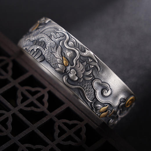 子佩集S999银【神隐龙腾】手镯【YS008】纯银手镯带金色嵌真金仿古2408 商品图3