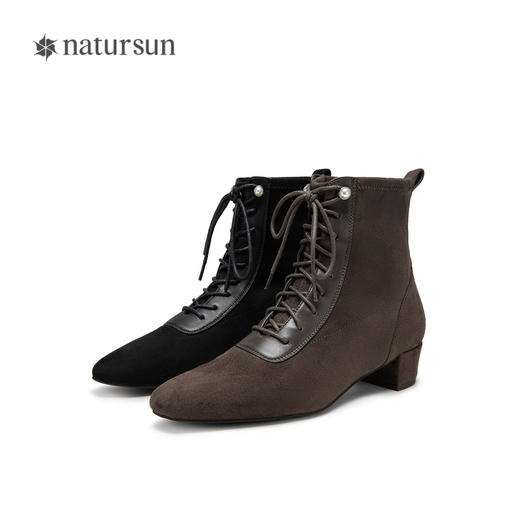 natursun绒面时装靴秋冬季简约绑带百搭不累脚粗跟靴子女N24529109 商品图4