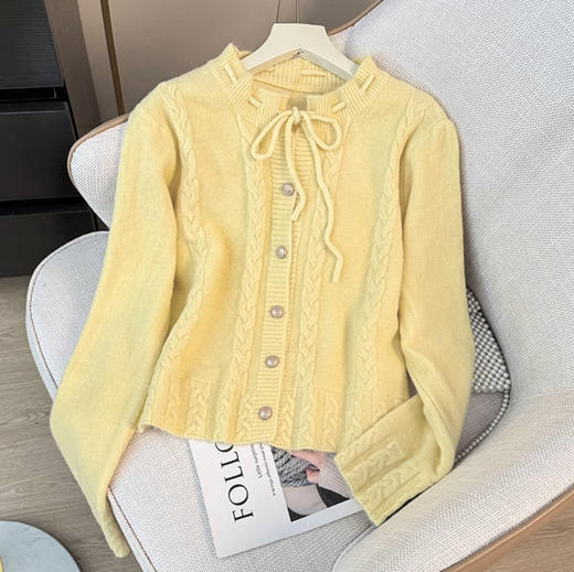 【秋冬新款长袖小衫】温柔风短款蝴蝶结系带麻花针织衫毛衣 开衫外套女 商品图6