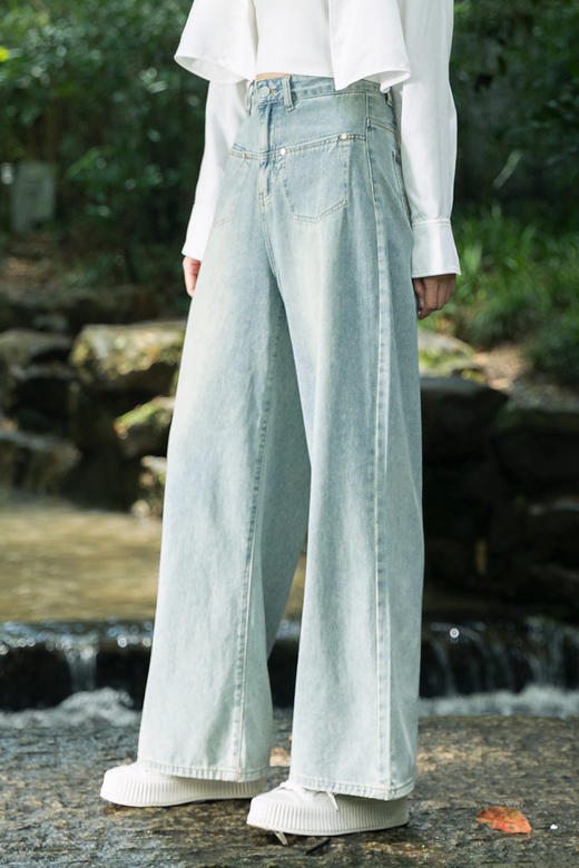 NUTS浅色直筒牛仔裤女新款高腰宽松设计感小众阔腿裤子4311106A1 商品图5