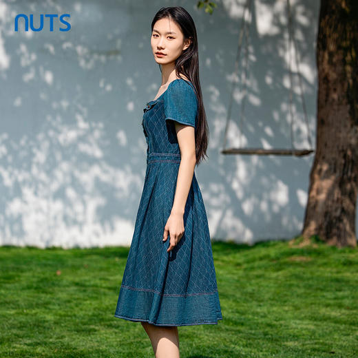 NUTS女装连衣裙夏季方领复古印花收腰显瘦牛仔短袖裙子423102260 商品图2