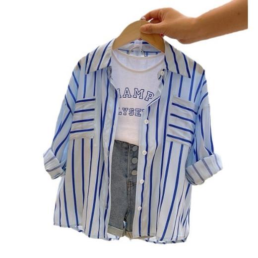 【时尚韩版中小童三件套装】2024夏新儿童款女童条纹长袖衬衫+背心裤子 商品图4