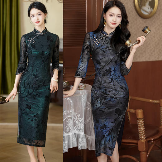 TQX171908 妈妈旗袍2024年新款中年夏复古民国风平时穿中长款高端墨绿色高级 商品图3