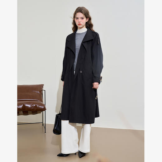 西遇英伦风气质通勤双排扣立领长款风衣女秋季老钱风外套V0042796 商品图1
