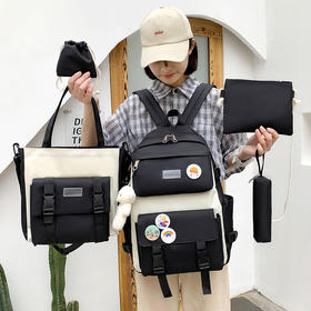 【拍1发5❗️新款书包五件套装】下单再送玩偶挂件，时尚简约，大容量收纳，男女韩版小学生初中生高中生小清新双肩包开学季礼物优选新年礼盒年货礼盒