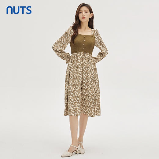 NUTS春秋季新款时尚气质休闲风碎花拼接设计长袖连衣裙333102180 商品图1