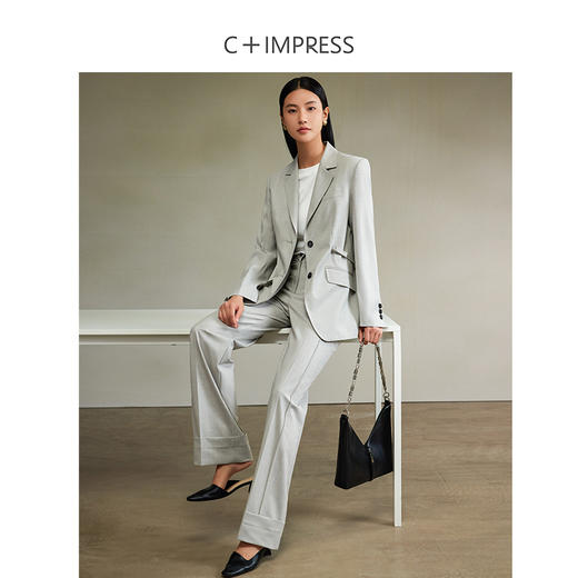 西嘉时髦松弛感JI简单排扣可脱卸腰带女绅士西装/翻边直筒裤套装 商品图1