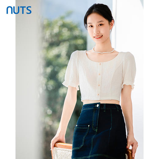 NUTS女短袖t恤夏薄款法式方领衬衫泡泡袖短款上衣423011192 商品图0
