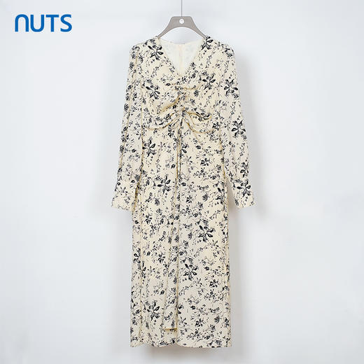 NUTS秋季新款法式V领抽褶宽松设计感气质长袖碎花连衣裙334102372 商品图0