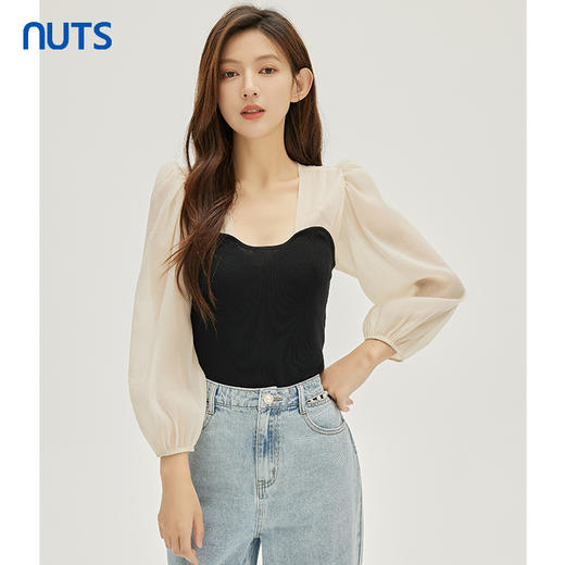 NUTS秋季新款时尚气质通勤风拼接设计感套头衫女331052225 商品图0