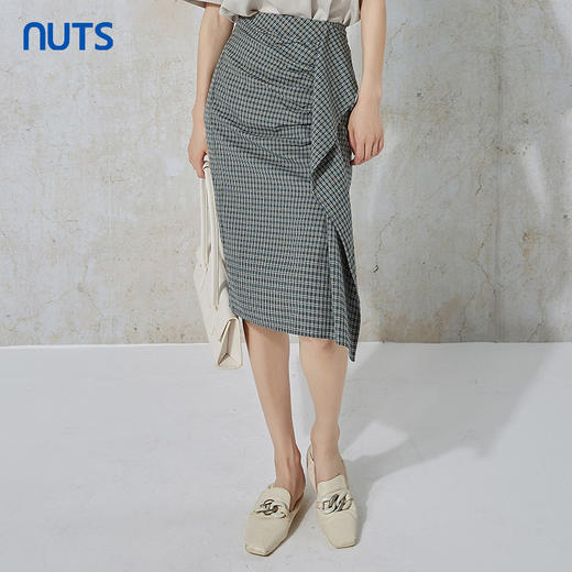 NUTS秋季新款高腰显瘦通勤风色织千鸟格半身中长裙女231062005B 商品图1