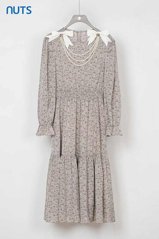 NUTS秋季新款复古赫本风碎花圆领蝴蝶结长袖连衣裙女331103348 商品图5