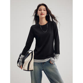 棉仓356601007-假两件撞色小众时髦合体T叠穿感长袖T