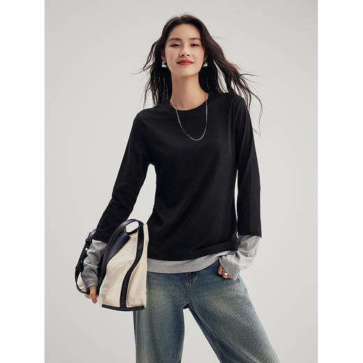 棉仓356601007-假两件撞色小众时髦合体T叠穿感长袖T 商品图0