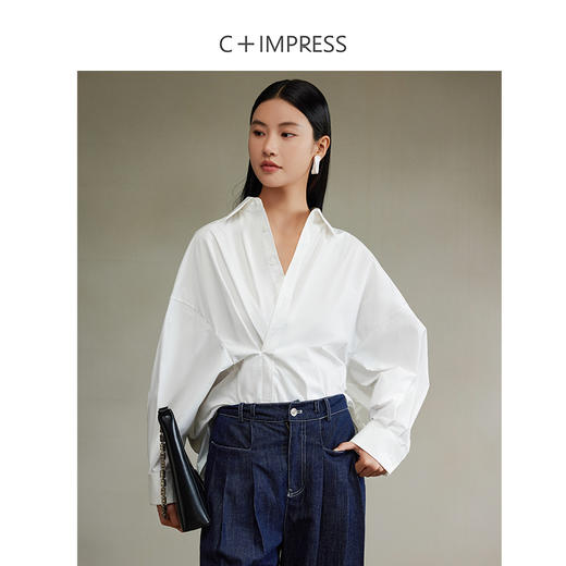 西嘉120支优质长绒棉建筑解构交叠斜襟设计感简约随性女神衬衫CS2403015 商品图5