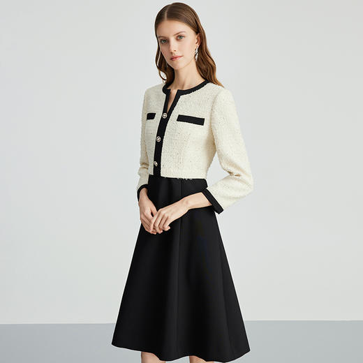 EITIE爱特爱气质优雅撞色拼接通勤显瘦小香风A字连衣裙秋新款D2407403 商品图3