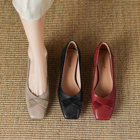 【预售5天】蝴蝶结方头粗跟高跟鞋，新款浅口中跟黑色单鞋LD&6850