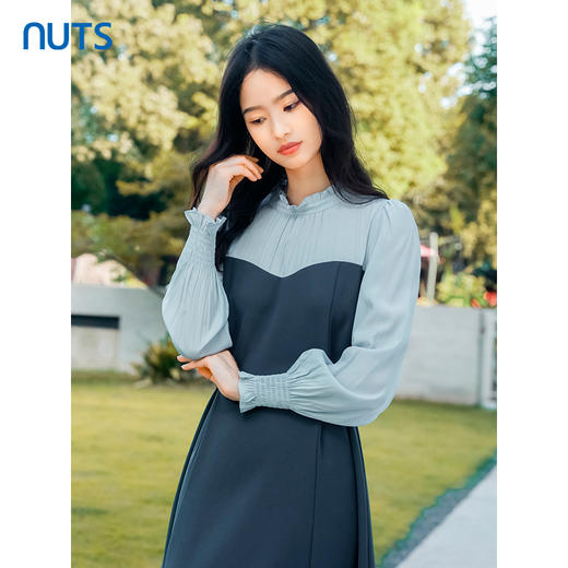 NUTS秋季新款2023时尚气质拼接设计收腰显瘦长袖连衣裙4351003A1 商品图3
