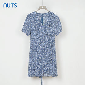 NUTS夏季新款法式小清新蓝色V领碎花短袖连衣裙女