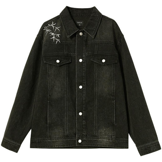 西遇黑色牛仔外套男新款新中式竹叶刺绣宽松版型夹克12945865 商品图4