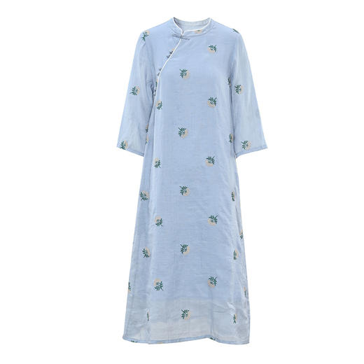 HM-S410苎麻绣花改良旗袍裙七分袖碎花刺绣盘扣文艺风连衣裙2024春季新款 商品图4