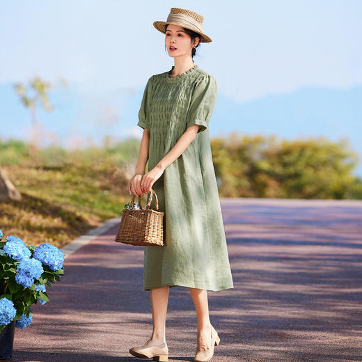 HM-S437春夏新款高端亚麻连衣裙中袖圆领木耳边温柔风琴褶文艺A字裙 商品图3