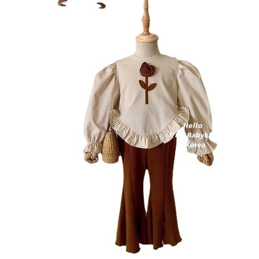 Ancorelala秋季新款女童时尚花朵木耳边上衣开叉喇叭裤两件套 商品图4