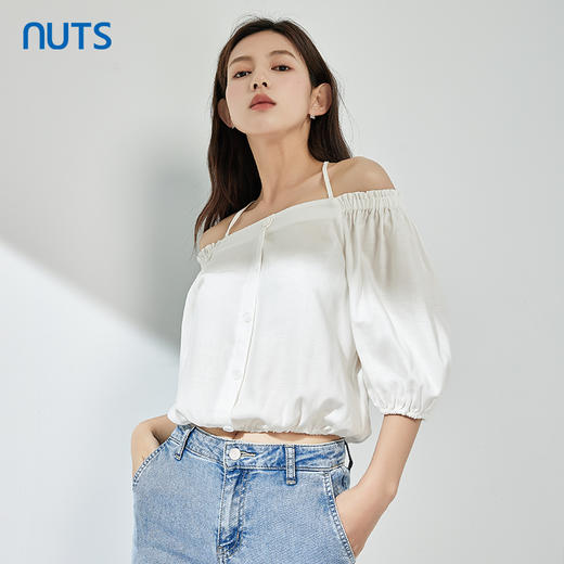 NUTS一字肩上衣女夏季小众泡泡袖小个子短款娃娃衫429011363 商品图2